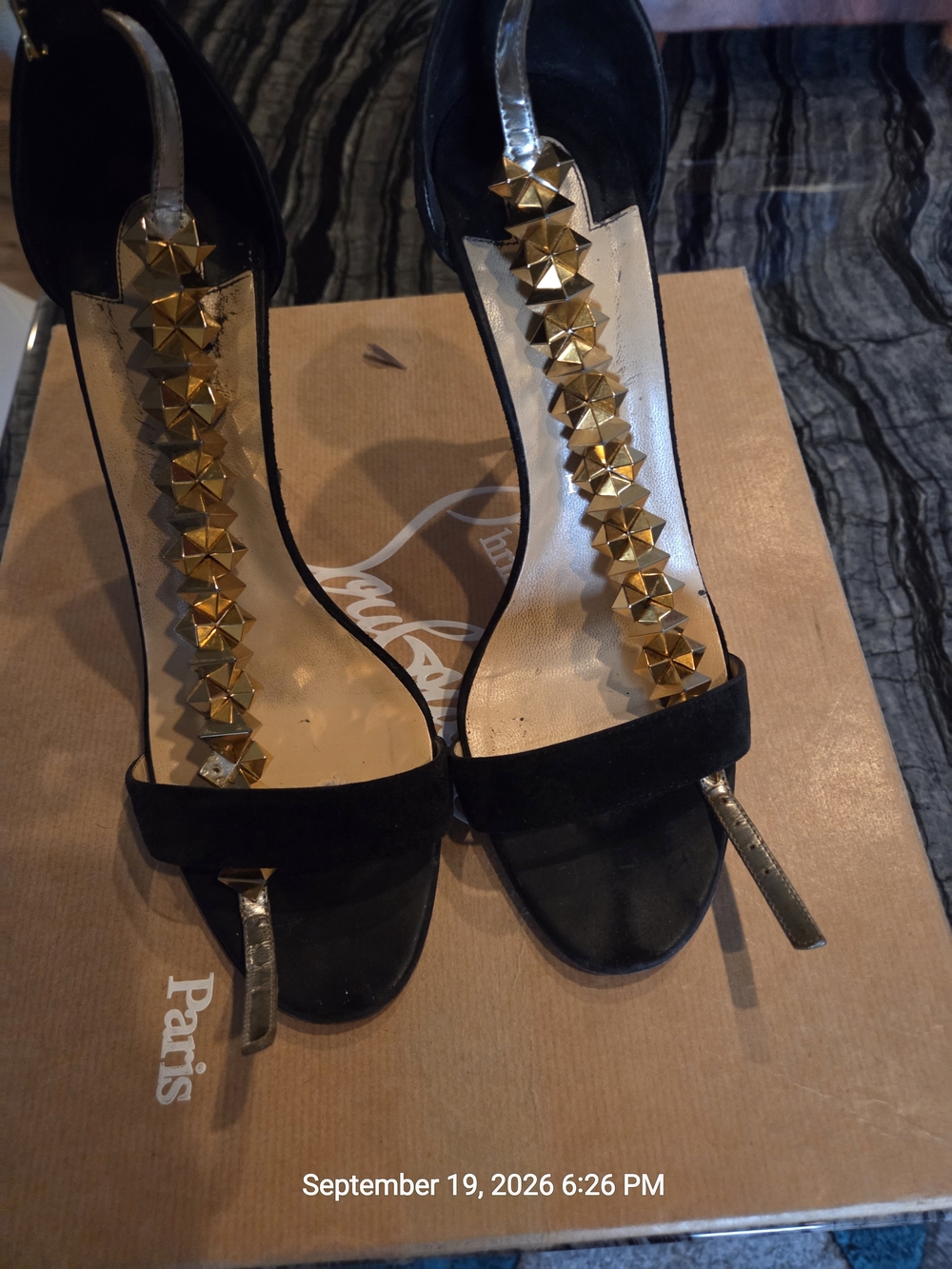 Christian Loubouton Planetava Black Suede With Studded Strap And Stiletto Heel